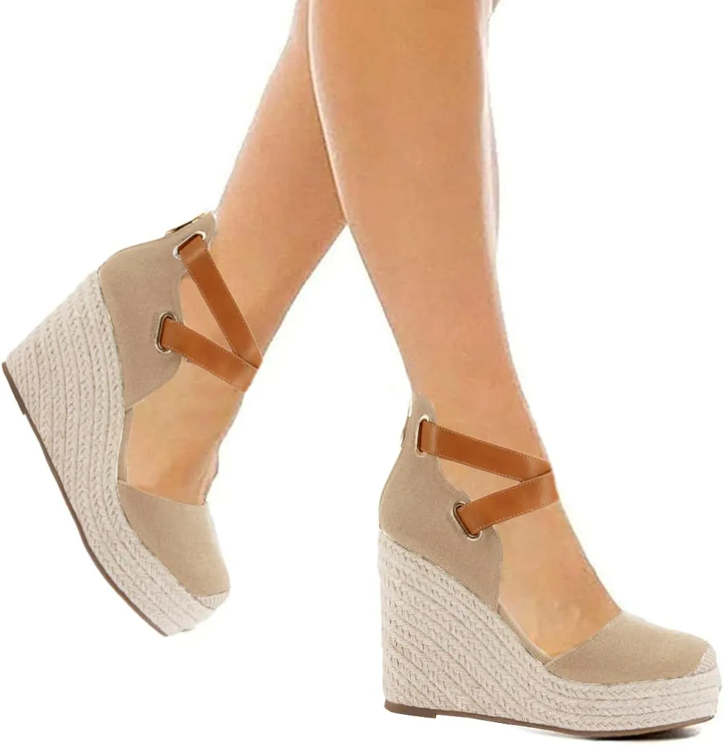 PiePieBuy Womens Wedge Espadrille Ankle Strap Closed Cap Toe Platform Heeled Sandals