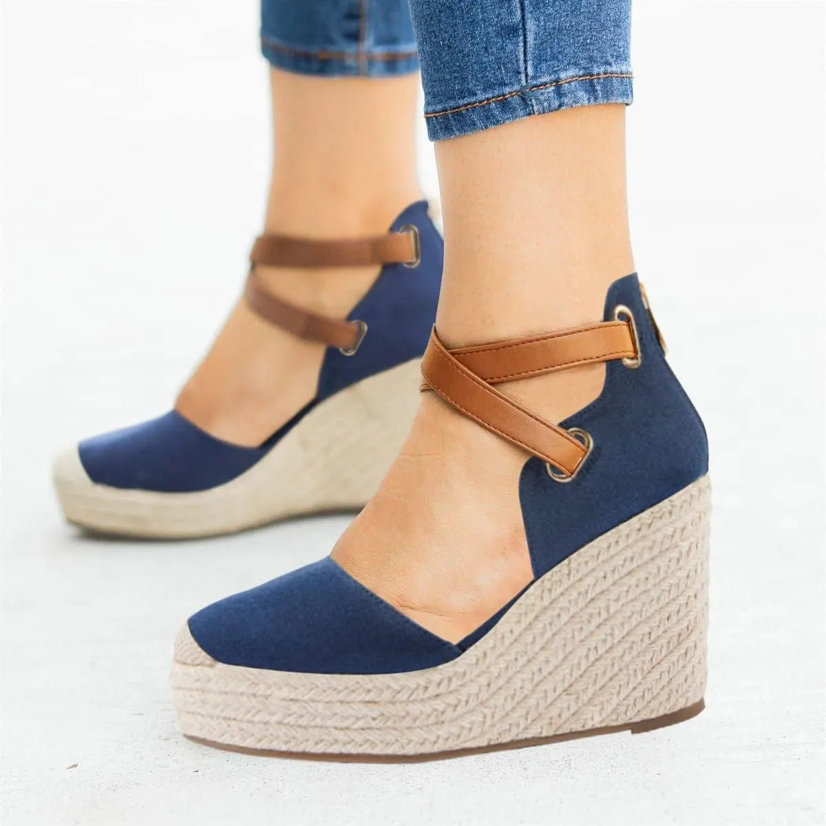 PiePieBuy Womens Wedge Espadrille Ankle Strap Closed Cap Toe Platform Heeled Sandals