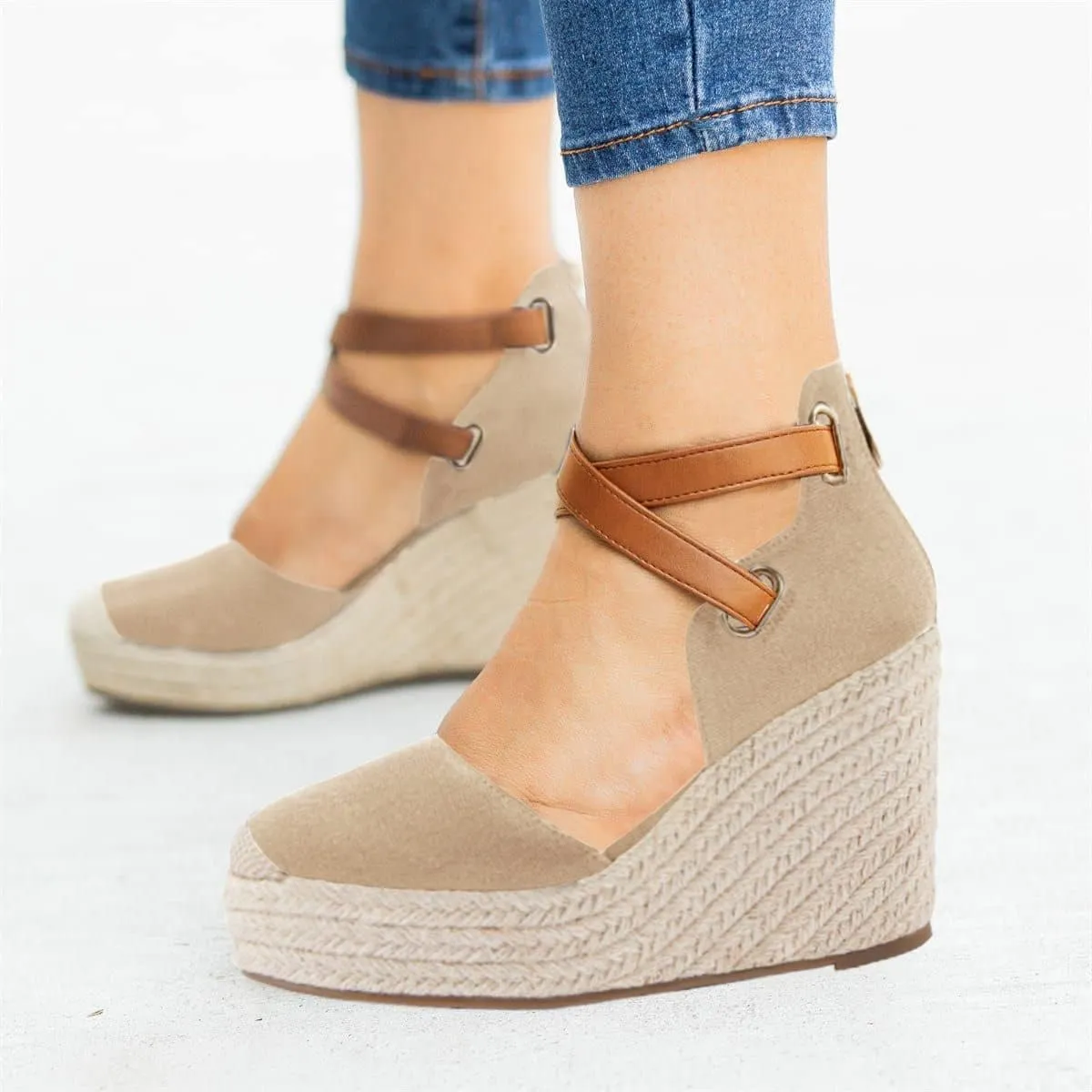PiePieBuy Womens Wedge Espadrille Ankle Strap Closed Cap Toe Platform Heeled Sandals