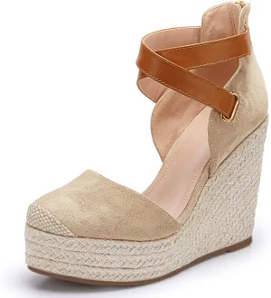 PiePieBuy Womens Wedge Espadrille Ankle Strap Closed Cap Toe Platform Heeled Sandals