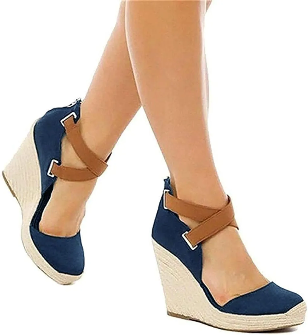 PiePieBuy Womens Wedge Espadrille Ankle Strap Closed Cap Toe Platform Heeled Sandals