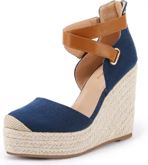 PiePieBuy Womens Wedge Espadrille Ankle Strap Closed Cap Toe Platform Heeled Sandals