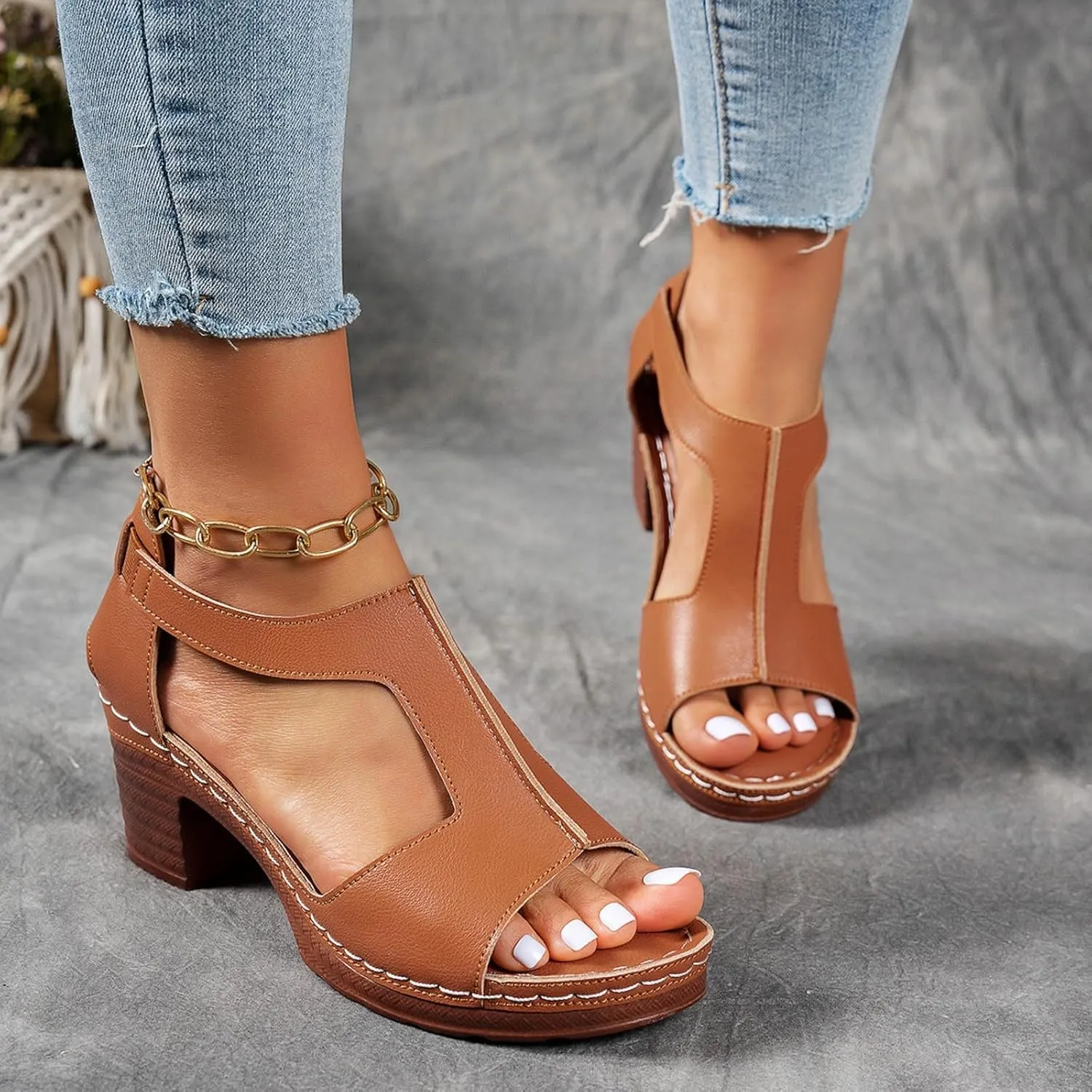 Platform Wedge Sandals for Women 2025 Dressy Summer Chunky Heel Ankle Strap Wedges Casual Hollow Out Open Toe Block Heels Comfortable Sandal Work Sandals for Women Office Breathable Dress Shoes
