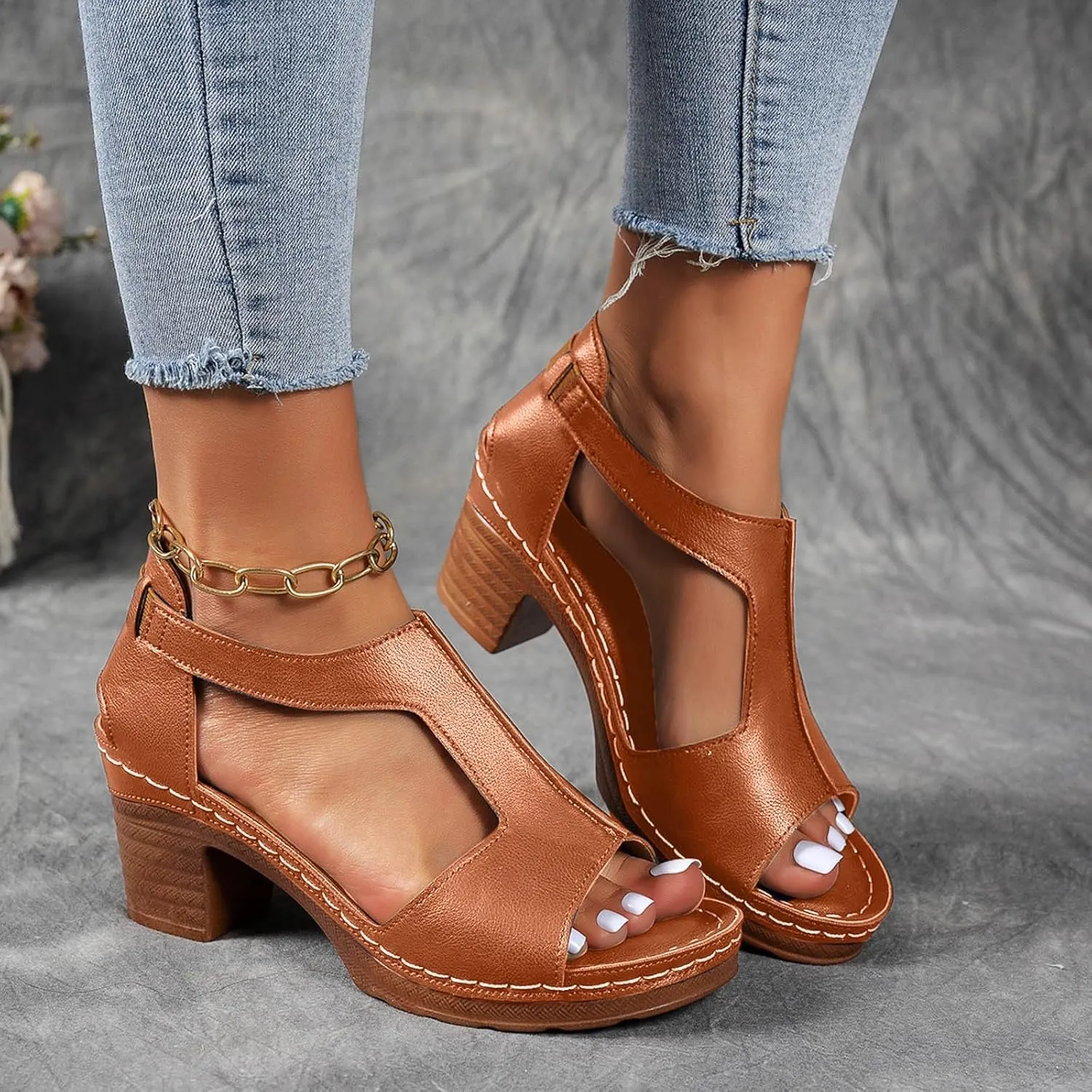 Platform Wedge Sandals for Women 2025 Dressy Summer Chunky Heel Ankle Strap Wedges Casual Hollow Out Open Toe Block Heels Comfortable Sandal Work Sandals for Women Office Breathable Dress Shoes