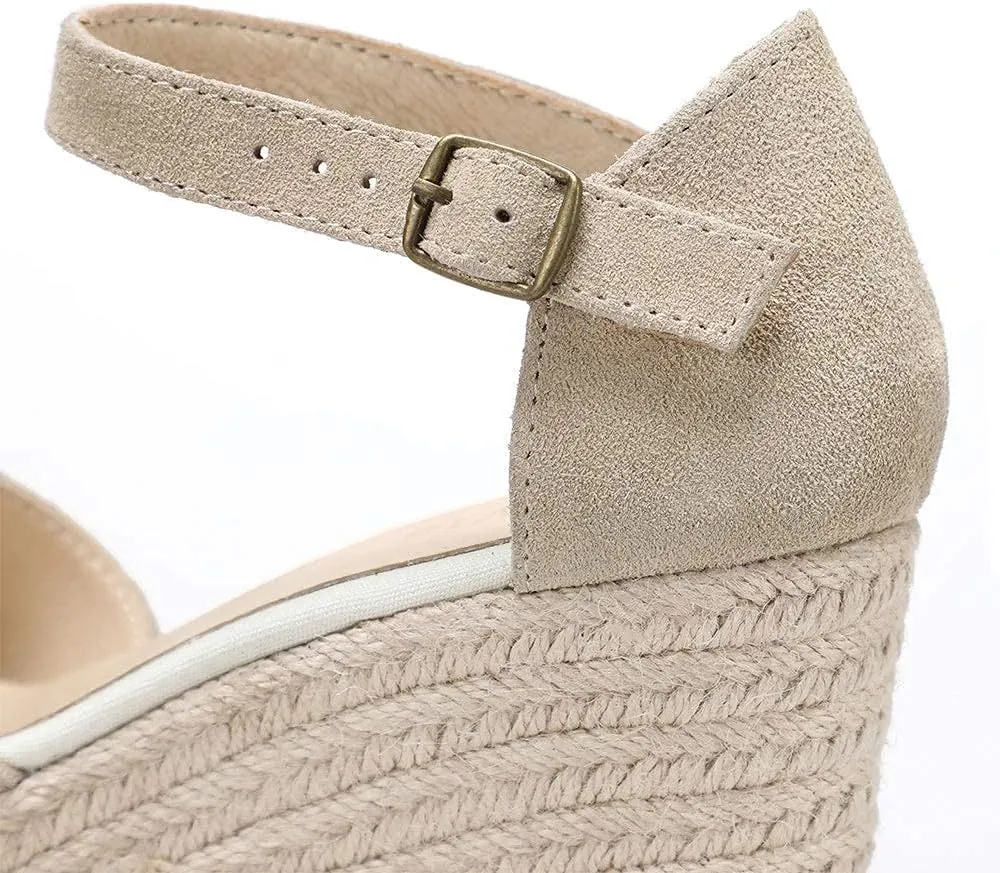 Platform Wedges Sandals for Women, 3" Wedge, Ankle-Strap, Cap Toe, Summer Espadrilles Heel Shoes