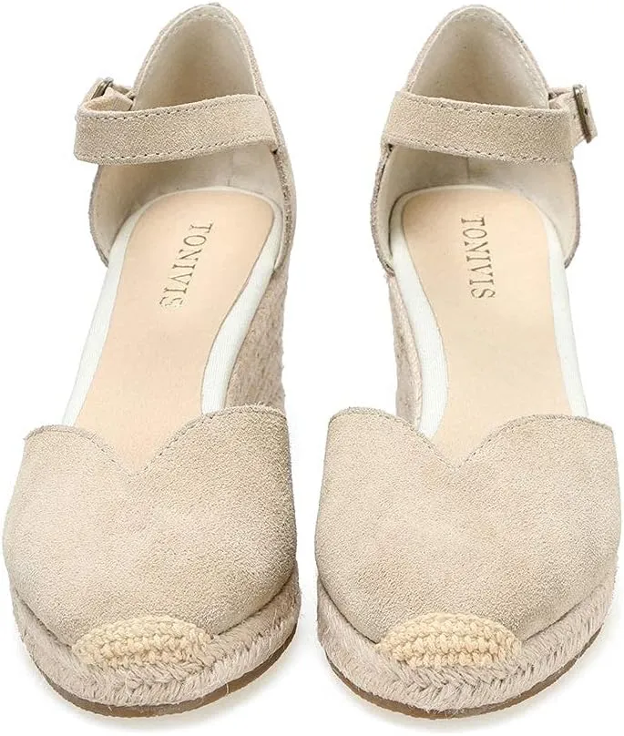 Platform Wedges Sandals for Women, 3" Wedge, Ankle-Strap, Cap Toe, Summer Espadrilles Heel Shoes