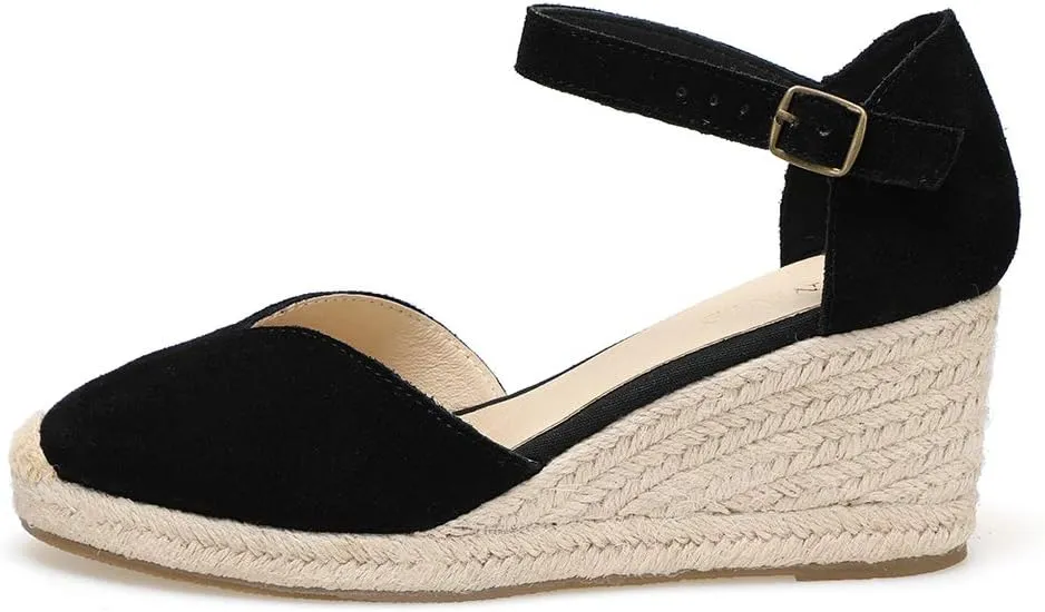 Platform Wedges Sandals for Women, 3" Wedge, Ankle-Strap, Cap Toe, Summer Espadrilles Heel Shoes