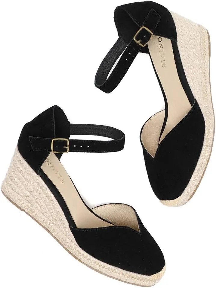Platform Wedges Sandals for Women, 3" Wedge, Ankle-Strap, Cap Toe, Summer Espadrilles Heel Shoes