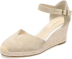 Platform Wedges Sandals for Women, 3" Wedge, Ankle-Strap, Cap Toe, Summer Espadrilles Heel Shoes