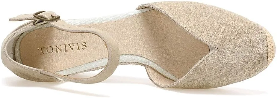 Platform Wedges Sandals for Women, 3" Wedge, Ankle-Strap, Cap Toe, Summer Espadrilles Heel Shoes
