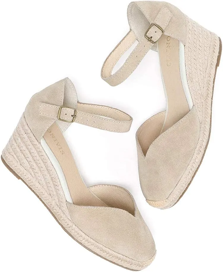 Platform Wedges Sandals for Women, 3" Wedge, Ankle-Strap, Cap Toe, Summer Espadrilles Heel Shoes