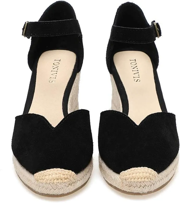 Platform Wedges Sandals for Women, 3" Wedge, Ankle-Strap, Cap Toe, Summer Espadrilles Heel Shoes