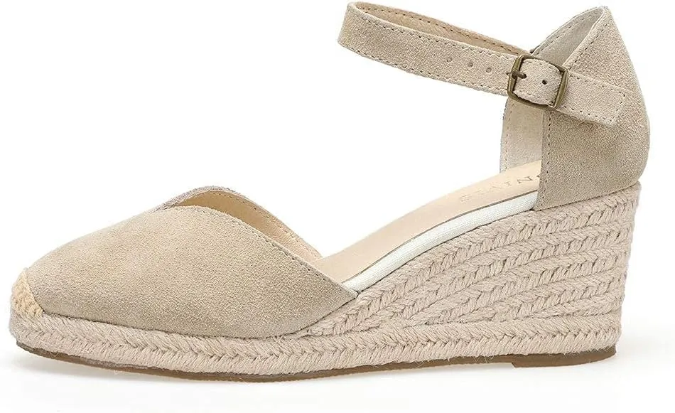 Platform Wedges Sandals for Women, 3" Wedge, Ankle-Strap, Cap Toe, Summer Espadrilles Heel Shoes