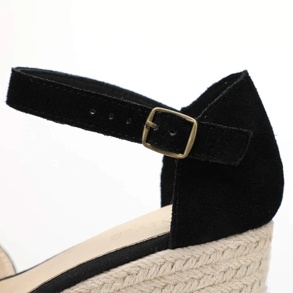 Platform Wedges Sandals for Women, 3" Wedge, Ankle-Strap, Cap Toe, Summer Espadrilles Heel Shoes