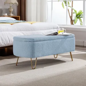 Polibi Storage Bench, Faux Fur Ottoman Bench with Gold Legs, Upholstered Padded with Storage for Bed Side, Entryway, Living Room (Blue)