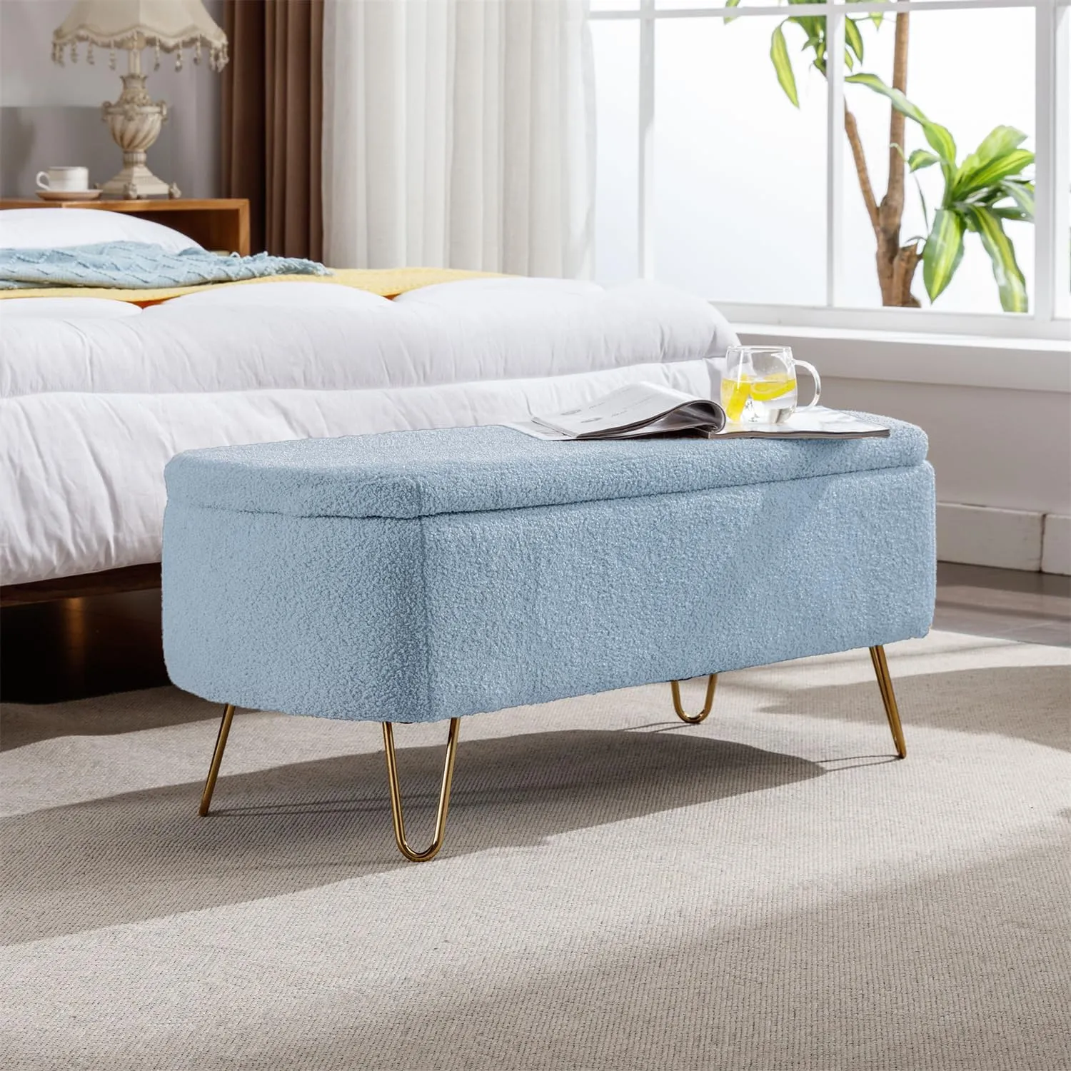 Polibi Storage Bench, Faux Fur Ottoman Bench with Gold Legs, Upholstered Padded with Storage for Bed Side, Entryway, Living Room (Blue)
