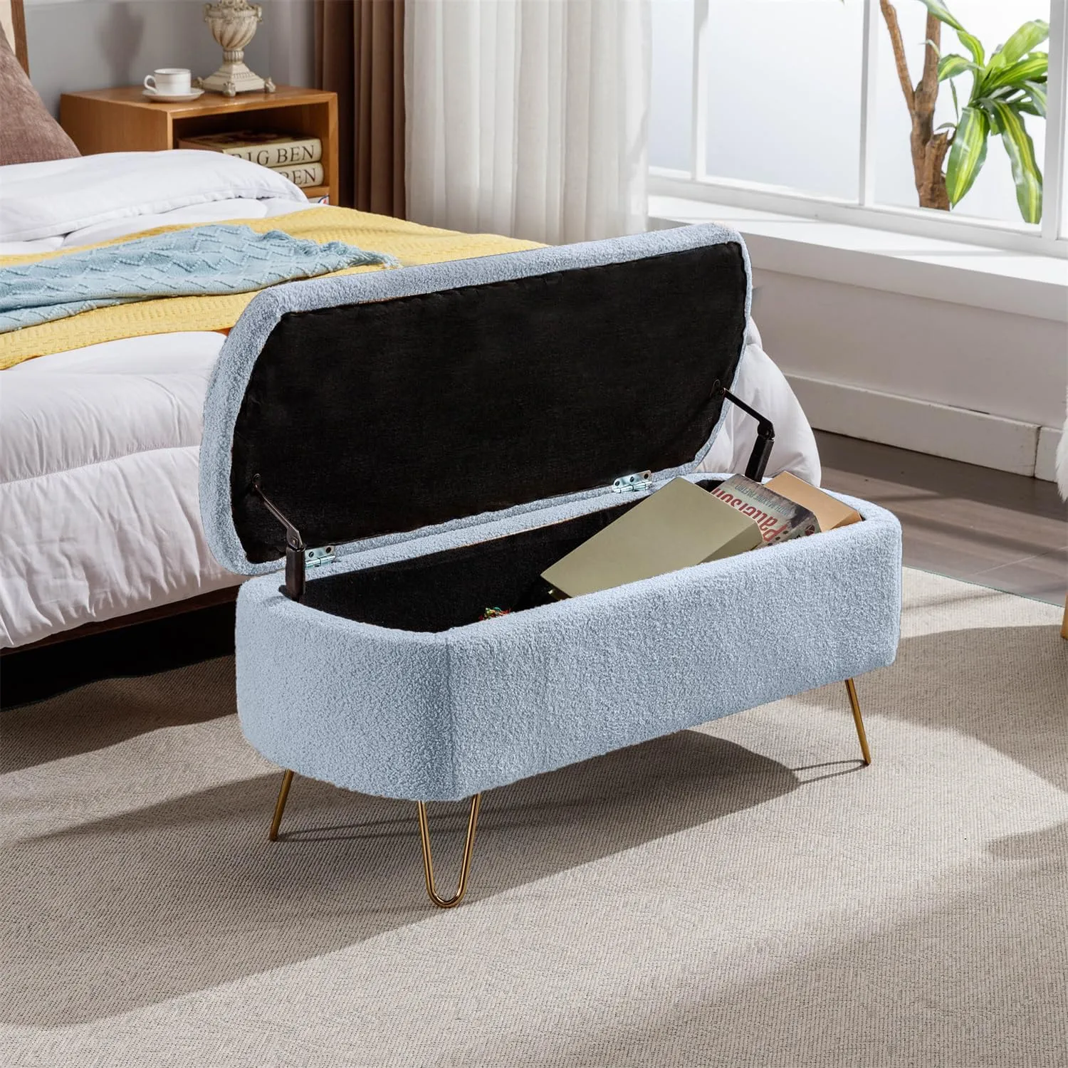 Polibi Storage Bench, Faux Fur Ottoman Bench with Gold Legs, Upholstered Padded with Storage for Bed Side, Entryway, Living Room (Blue)