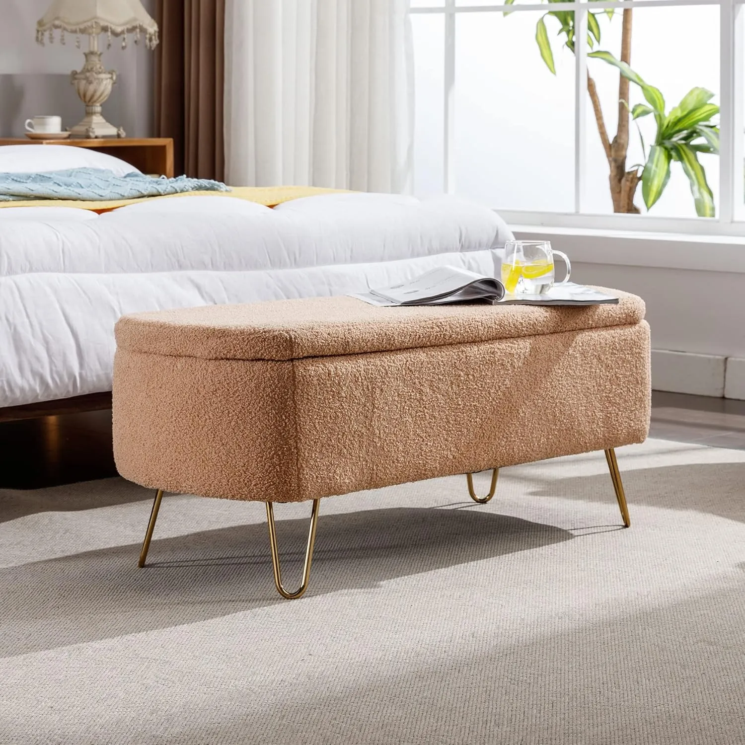 Polibi Storage Bench, Faux Fur Ottoman Bench with Gold Legs, Upholstered Padded with Storage for Bed Side, Entryway, Living Room (Camel)