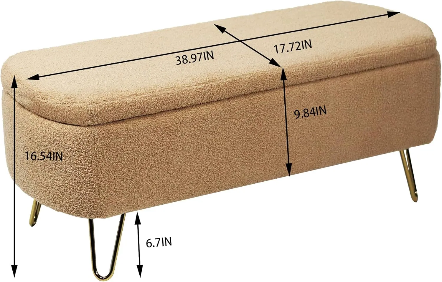 Polibi Storage Bench, Faux Fur Ottoman Bench with Gold Legs, Upholstered Padded with Storage for Bed Side, Entryway, Living Room (Camel)