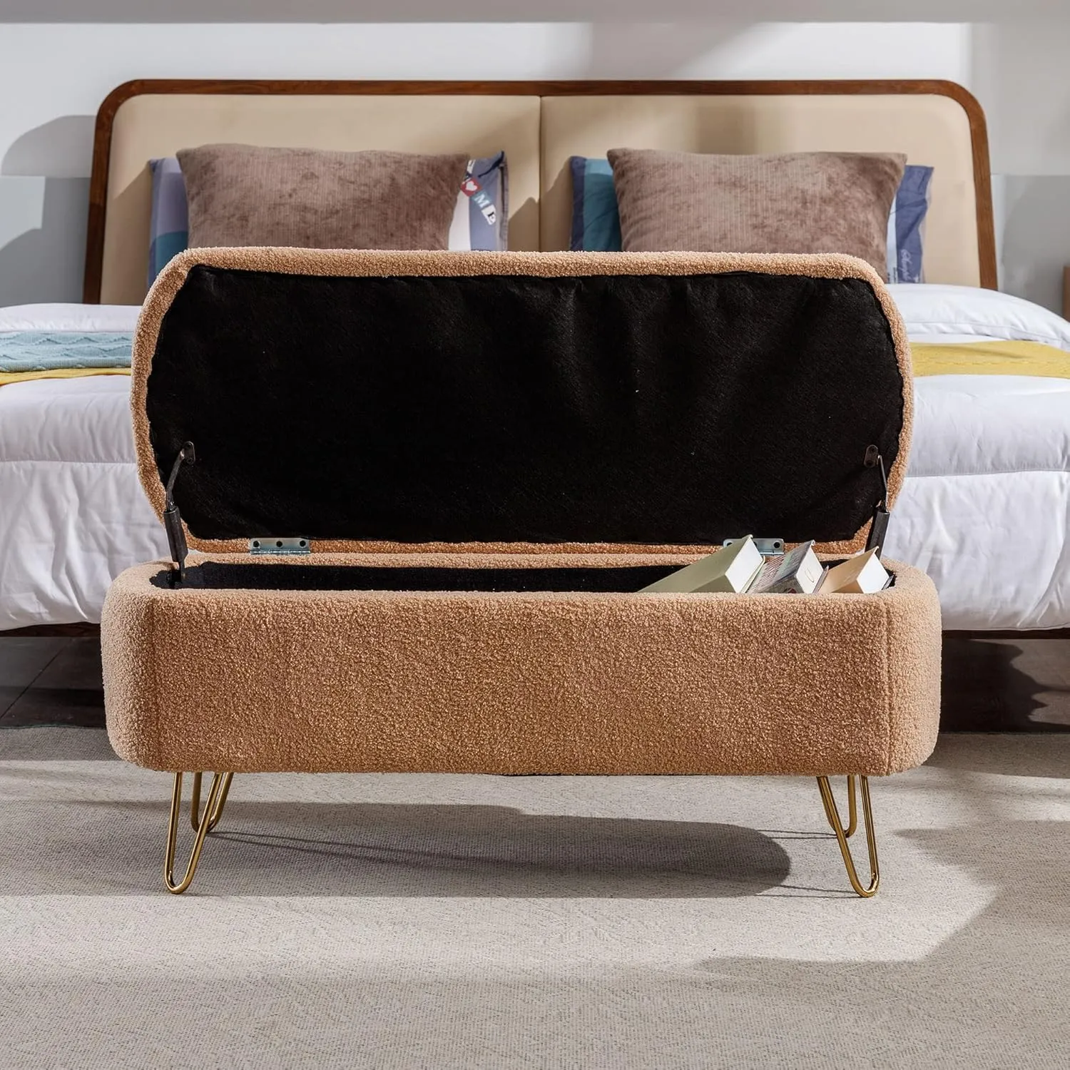 Polibi Storage Bench, Faux Fur Ottoman Bench with Gold Legs, Upholstered Padded with Storage for Bed Side, Entryway, Living Room (Camel)