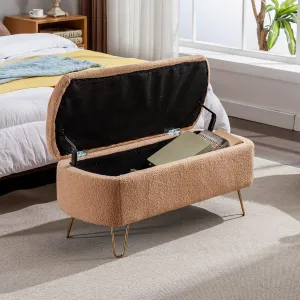 Polibi Storage Bench, Faux Fur Ottoman Bench with Gold Legs, Upholstered Padded with Storage for Bed Side, Entryway, Living Room (Camel)