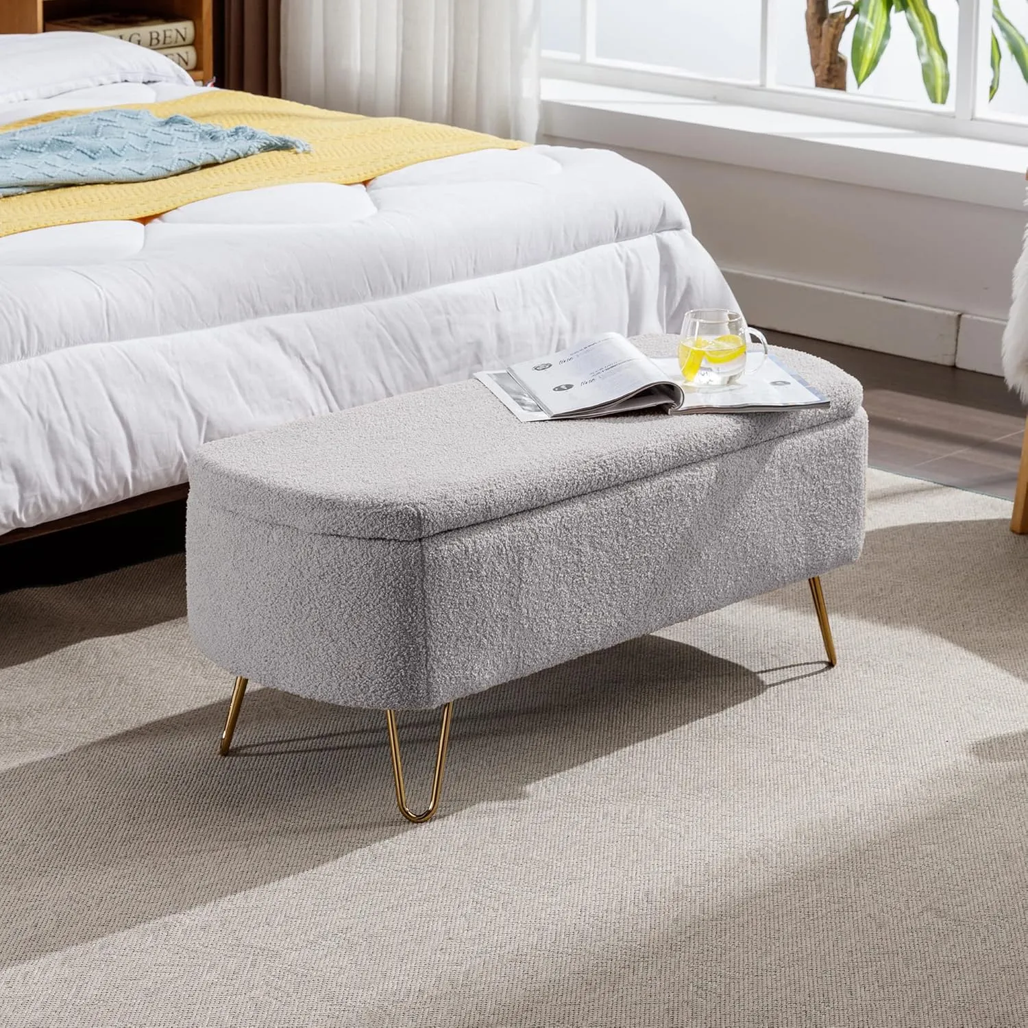 Polibi Storage Bench, Faux Fur Ottoman Bench with Gold Legs, Upholstered Padded with Storage for Bed Side, Entryway, Living Room (Grey)