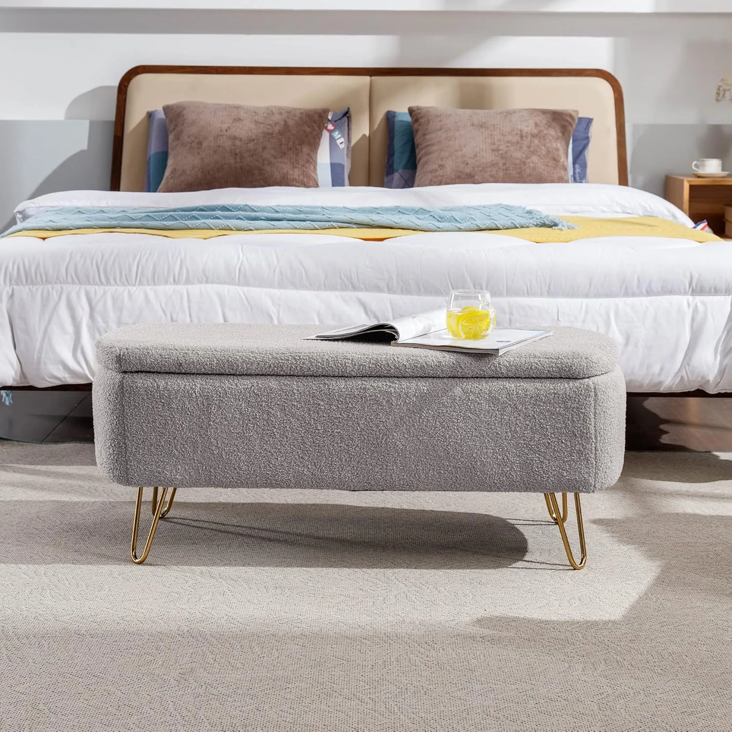Polibi Storage Bench, Faux Fur Ottoman Bench with Gold Legs, Upholstered Padded with Storage for Bed Side, Entryway, Living Room (Grey)