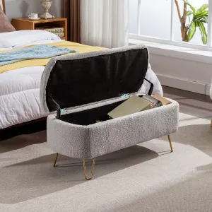 Polibi Storage Bench, Faux Fur Ottoman Bench with Gold Legs, Upholstered Padded with Storage for Bed Side, Entryway, Living Room (Grey)