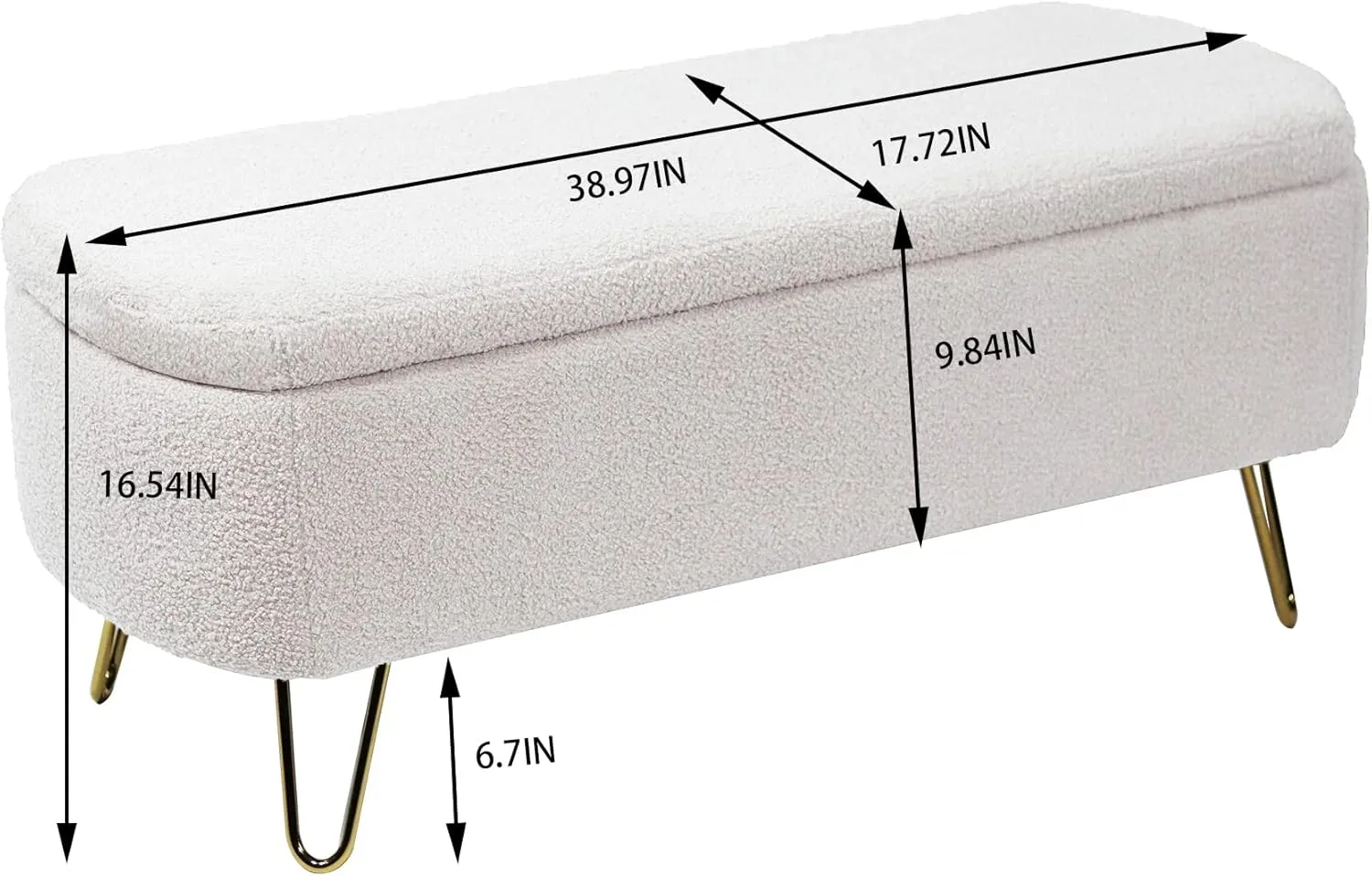 Polibi Storage Bench, Faux Fur Ottoman Bench with Gold Legs, Upholstered Padded with Storage for Bed Side, Entryway, Living Room (Ivory White)