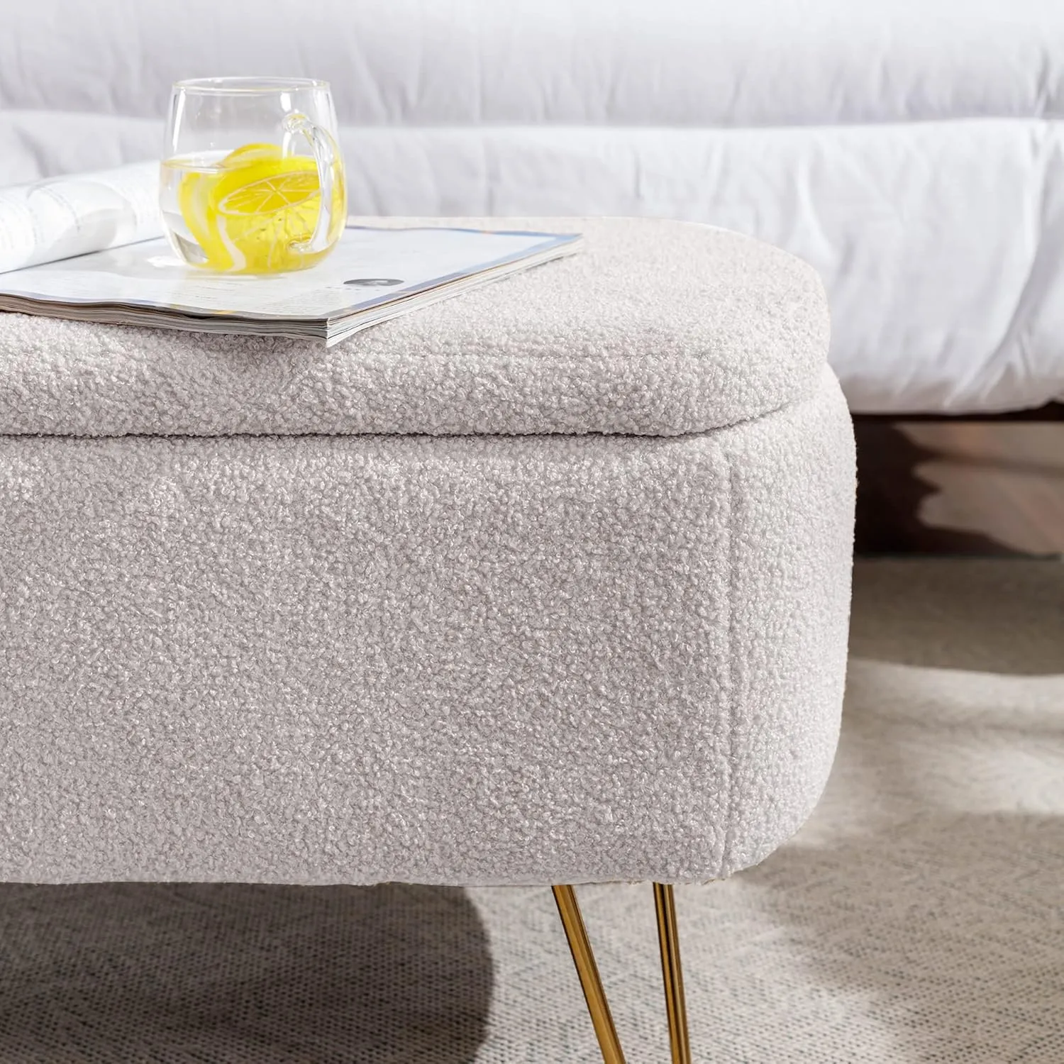 Polibi Storage Bench, Faux Fur Ottoman Bench with Gold Legs, Upholstered Padded with Storage for Bed Side, Entryway, Living Room (Ivory White)