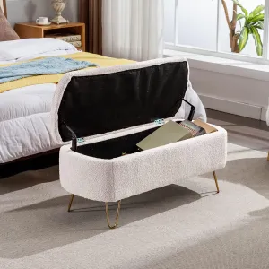 Polibi Storage Bench, Faux Fur Ottoman Bench with Gold Legs, Upholstered Padded with Storage for Bed Side, Entryway, Living Room (Ivory White)