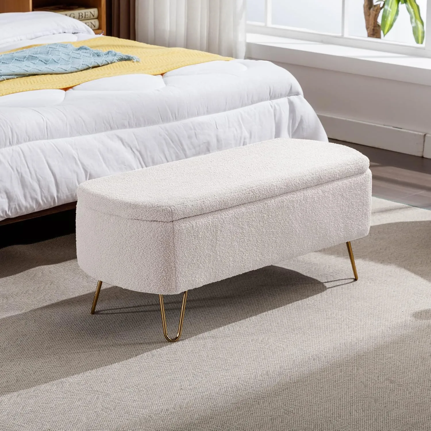 Polibi Storage Bench, Faux Fur Ottoman Bench with Gold Legs, Upholstered Padded with Storage for Bed Side, Entryway, Living Room (Ivory White)