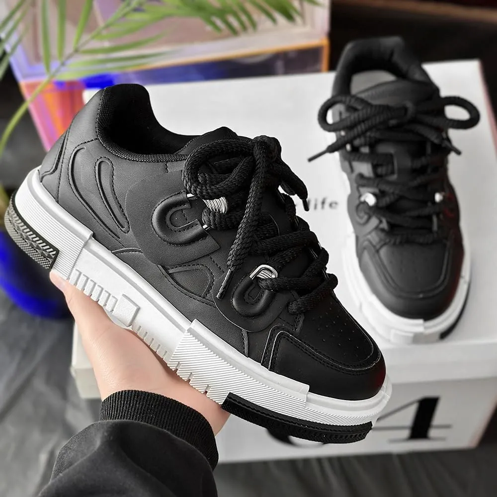 PU Leather Y2K Inspired Chunky Thick Sole Sneakers for Men Plus Size Fashion Trainers for Walking Streetwear Daily Wear Versatile Comfortable Casual Shoes