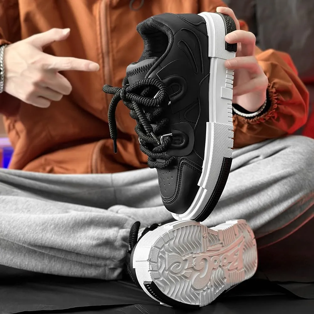 PU Leather Y2K Inspired Chunky Thick Sole Sneakers for Men Plus Size Fashion Trainers for Walking Streetwear Daily Wear Versatile Comfortable Casual Shoes