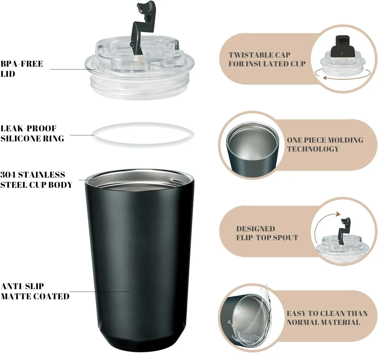Puraville 2 Pack Insulated Tumblers with Lid, 14 oz Travel Coffee Mug Stainless Steel Vacuum Cup, Leak Proof Double Walled Coffee Tumbler for Iced and Hot Drinks, Black and Cream