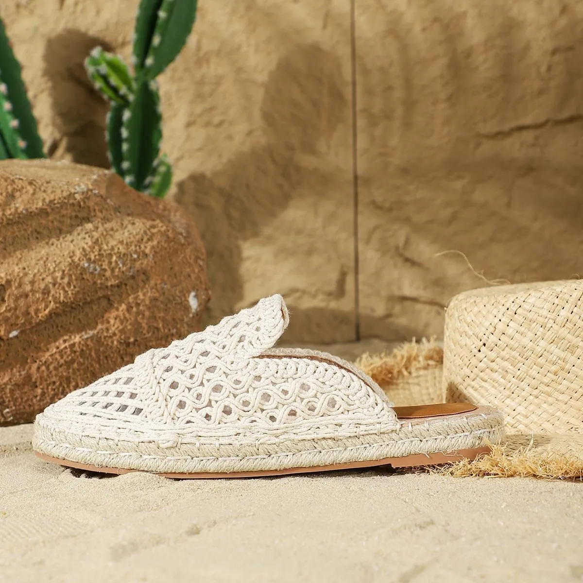 Putu Women's Espadrille Hollow Out Mules Closed Toe Slide Sandals Summer Vacation Flat Shoes