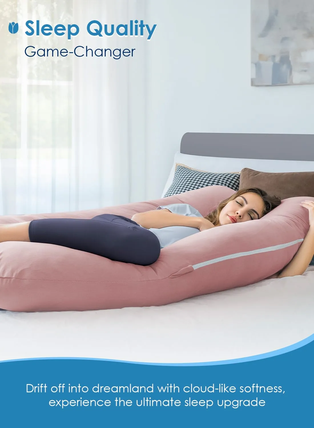 QUEEN ROSE Pregnancy Pillows for Sleeping, Cooling U Shaped Body Pillow, Maternity Pillow for Pregnant Women with Silky Soft Cover, Pink