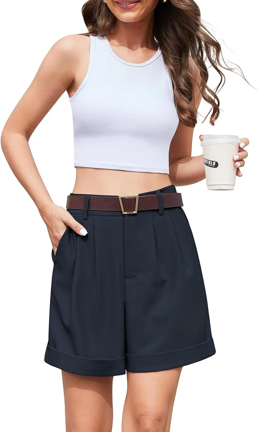 QUEZHU Women's Summer Dressy Casual Elastic Waist Wide Leg Suit Tailored Shorts Comfy Elagant Work Trouser Shorts