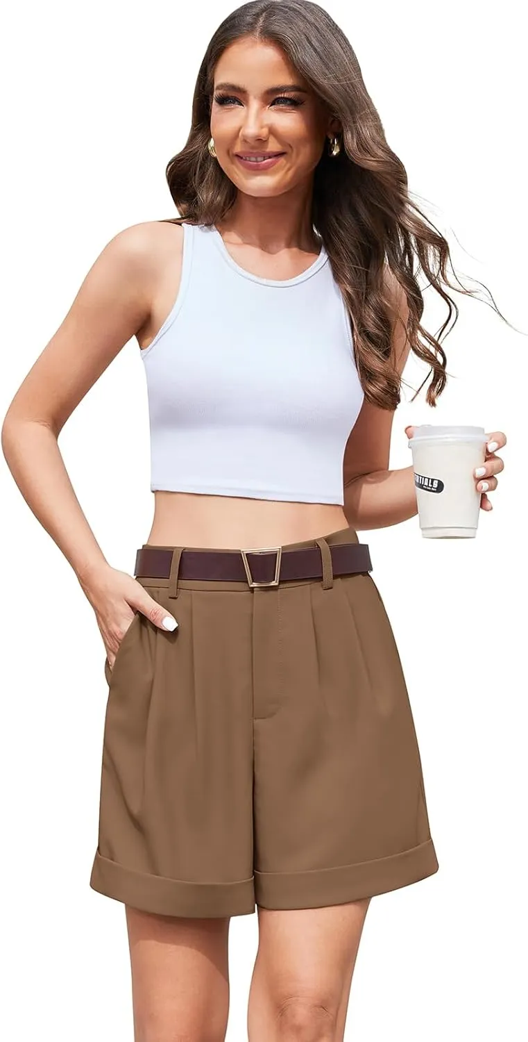 QUEZHU Women's Summer Dressy Casual Elastic Waist Wide Leg Suit Tailored Shorts Comfy Elagant Work Trouser Shorts