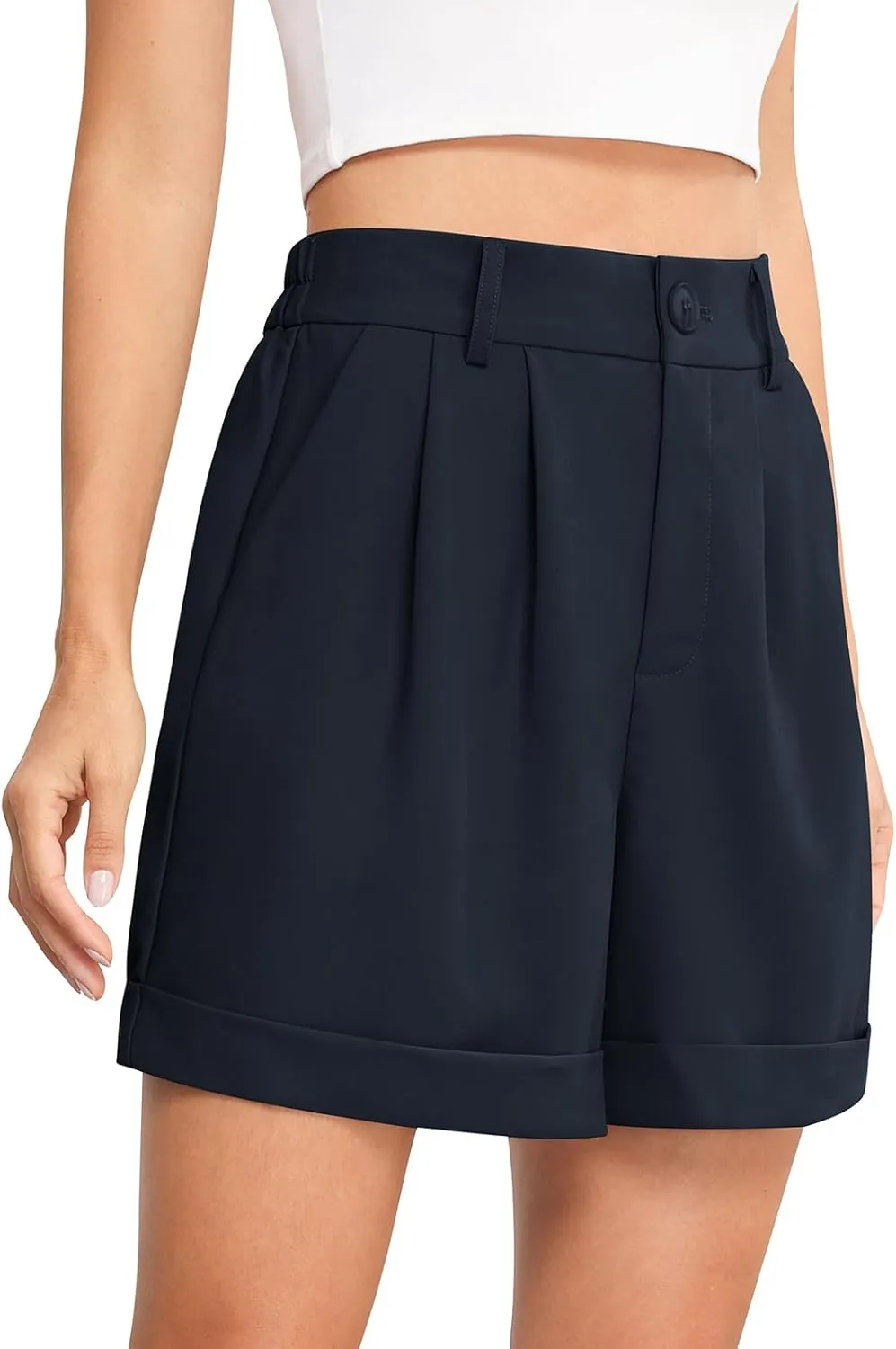 QUEZHU Women's Summer Dressy Casual Elastic Waist Wide Leg Suit Tailored Shorts Comfy Elagant Work Trouser Shorts
