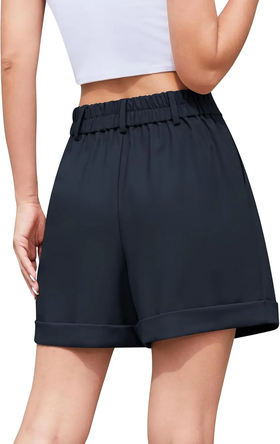 QUEZHU Women's Summer Dressy Casual Elastic Waist Wide Leg Suit Tailored Shorts Comfy Elagant Work Trouser Shorts
