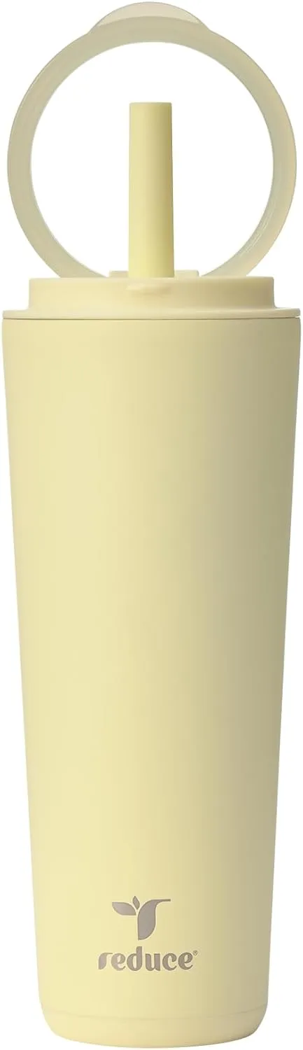 REDUCE Halo 24 oz Stainless Steel Vacuum Insulated Tumbler - Spill Proof Travel Mug with Flip Handle Lid - Keeps Drinks Cold for 32 Hrs - Dishwasher Safe - Cupholder Friendly - French Vanilla
