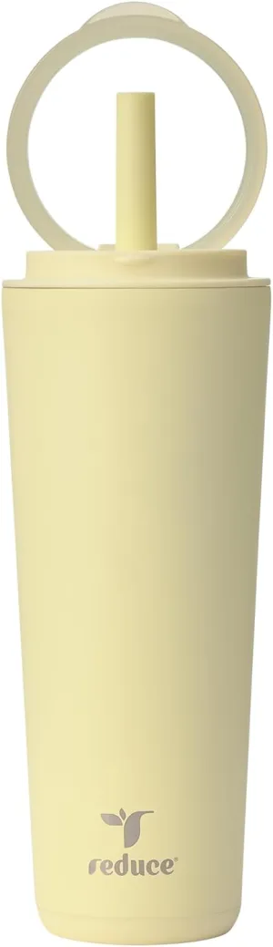 REDUCE Halo 24 oz Stainless Steel Vacuum Insulated Tumbler - Spill Proof Travel Mug with Flip Handle Lid - Keeps Drinks Cold for 32 Hrs - Dishwasher Safe - Cupholder Friendly - French Vanilla