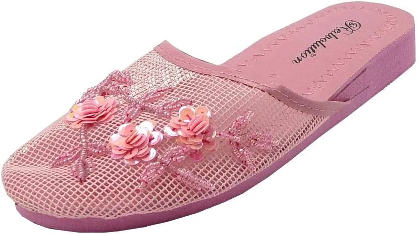 REDVOLUTION Women's Chinese Mesh Slipper Floral Flip Flop Sandals | 1313