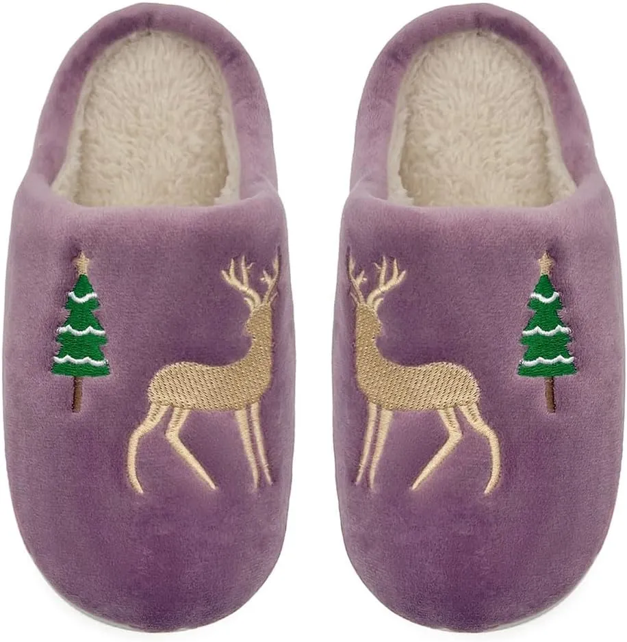 Reindeer Slippers for Women & Men - Memory Foam, Fuzzy Indoor Comfy Holiday & Slippers