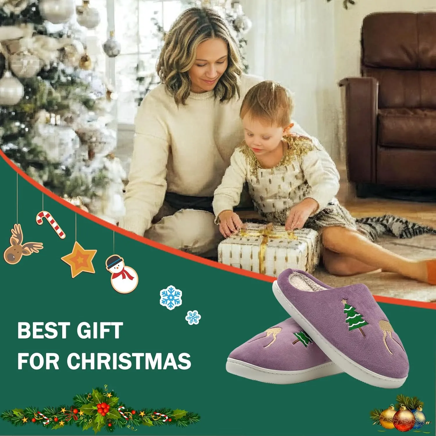 Reindeer Slippers for Women & Men - Memory Foam, Fuzzy Indoor Comfy Holiday & Slippers