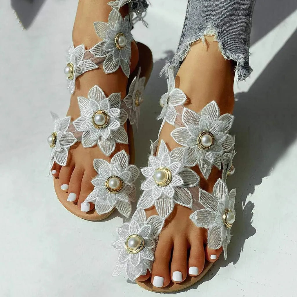 Rhinestone Sandals for Women Dressy Sandals for Wedding Pearl and Rhinestone Shoe Strappy Beach Wedding Shoes Sandals Women Dressy Summer Flat