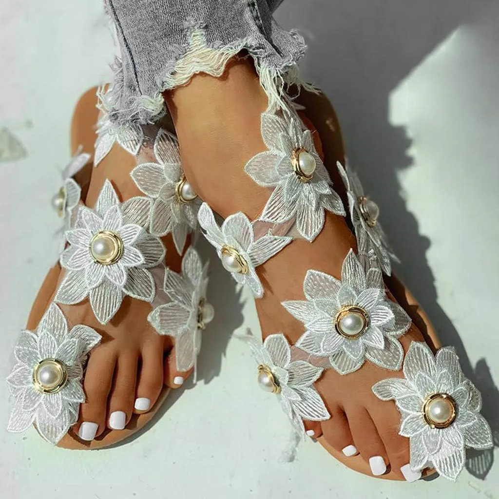Rhinestone Sandals for Women Dressy Sandals for Wedding Pearl and Rhinestone Shoe Strappy Beach Wedding Shoes Sandals Women Dressy Summer Flat