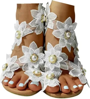 Rhinestone Sandals for Women Dressy Sandals for Wedding Pearl and Rhinestone Shoe Strappy Beach Wedding Shoes Sandals Women Dressy Summer Flat