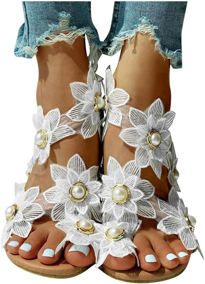 Rhinestone Sandals for Women Dressy Sandals for Wedding Pearl and Rhinestone Shoe Strappy Beach Wedding Shoes Sandals Women Dressy Summer Flat